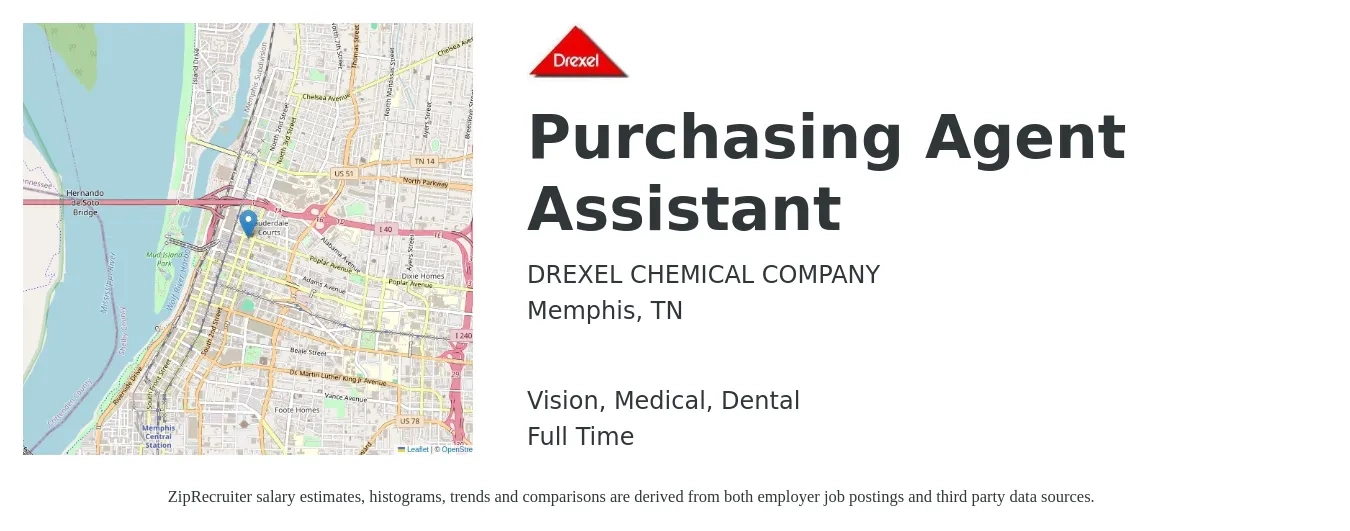 DREXEL CHEMICAL COMPANY job posting for a Purchasing Agent Assistant in Memphis, TN with a salary of $18 to $24 Hourly and benefits including vision, dental, medical, pto, and retirement with a map of Memphis location.