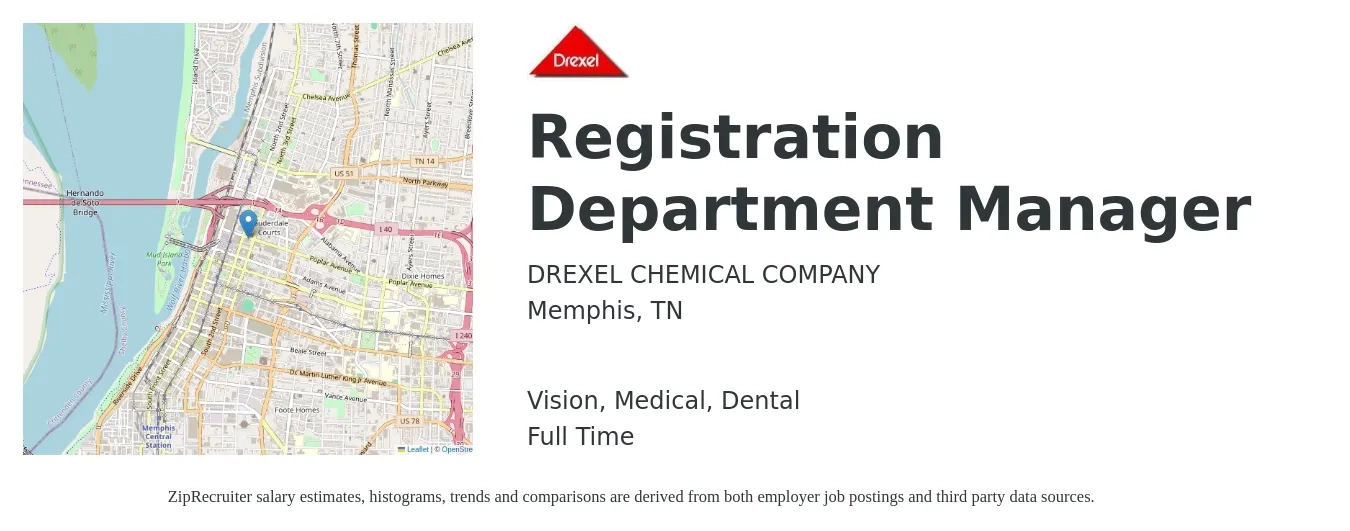 DREXEL CHEMICAL COMPANY job posting for a Registration Department Manager in Memphis, TN with a salary of $72,900 to $128,700 Yearly and benefits including vision, dental, life_insurance, medical, and pto with a map of Memphis location.