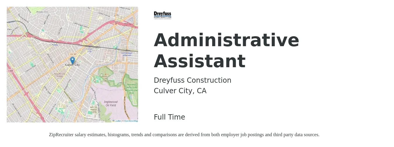 Dreyfuss Construction job posting for a Administrative Assistant in Culver City, CA with a salary of $20 to $26 Hourly with a map of Culver City location.