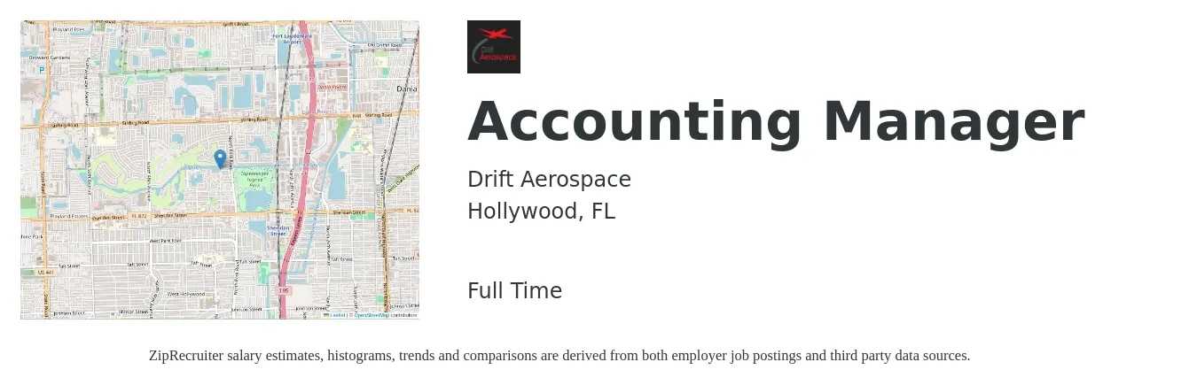 Drift Aerospace job posting for a Accounting Manager in Hollywood, FL with a salary of $71,300 to $102,400 Yearly with a map of Hollywood location.