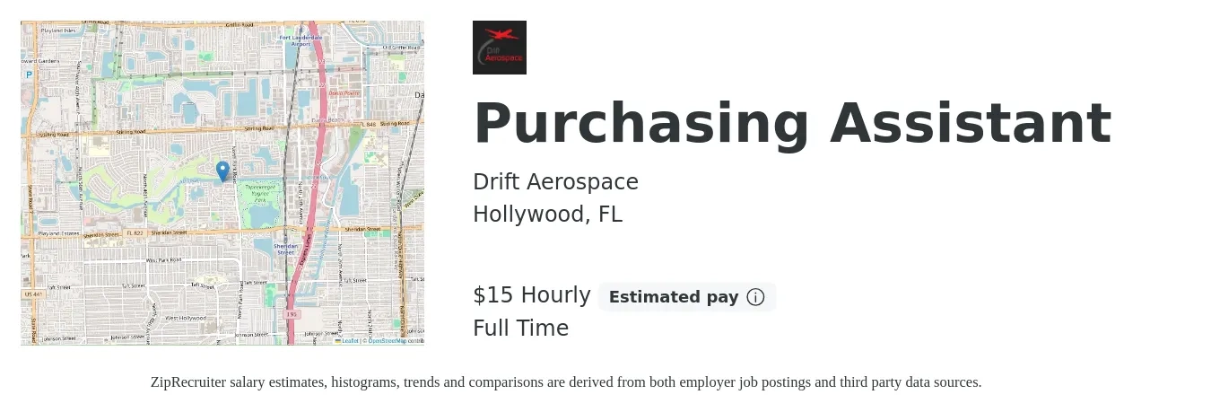 Drift Aerospace job posting for a Purchasing Assistant in Hollywood, FL with a salary of $16 Hourly with a map of Hollywood location.