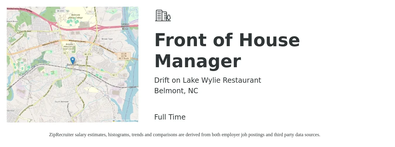 Drift on Lake Wylie Restaurant job posting for a Front of House Manager in Belmont, NC with a salary of $14 to $26 Hourly with a map of Belmont location.