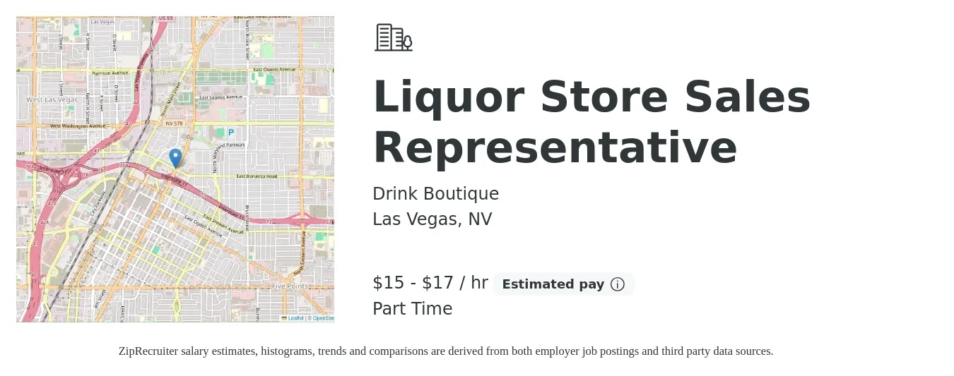 Drink Boutique job posting for a Liquor Store Sales Representative in Las Vegas, NV with a salary of $16 to $18 Hourly with a map of Las Vegas location.