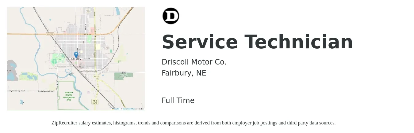 Driscoll Motor Co. job posting for a Service Technician in Fairbury, NE with a salary of $18 to $26 Hourly with a map of Fairbury location.