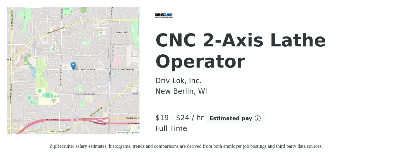 Driv-Lok, Inc. job posting for a CNC 2-Axis Lathe Operator in New Berlin, WI with a salary of $20 to $25 Hourly with a map of New Berlin location.