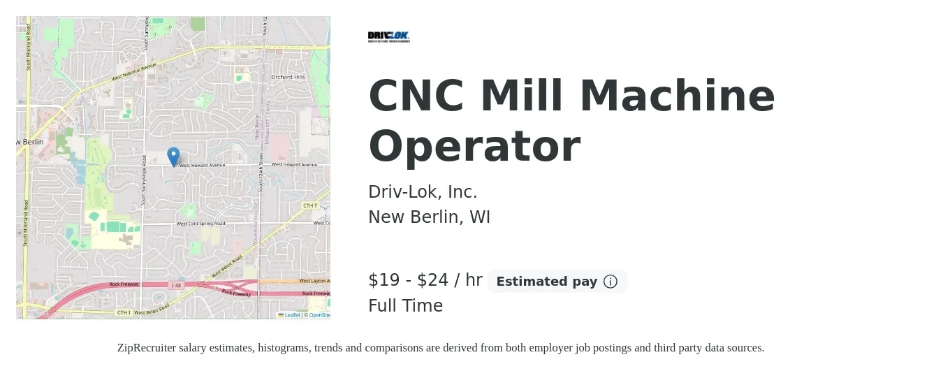 Driv-Lok, Inc. job posting for a CNC Mill Machine Operator in New Berlin, WI with a salary of $20 to $25 Hourly with a map of New Berlin location.