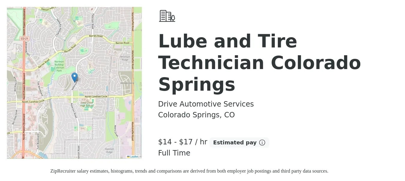 Drive Automotive Services job posting for a Lube and Tire Technician Colorado Springs in Colorado Springs, CO with a salary of $15 to $18 Hourly with a map of Colorado Springs location.