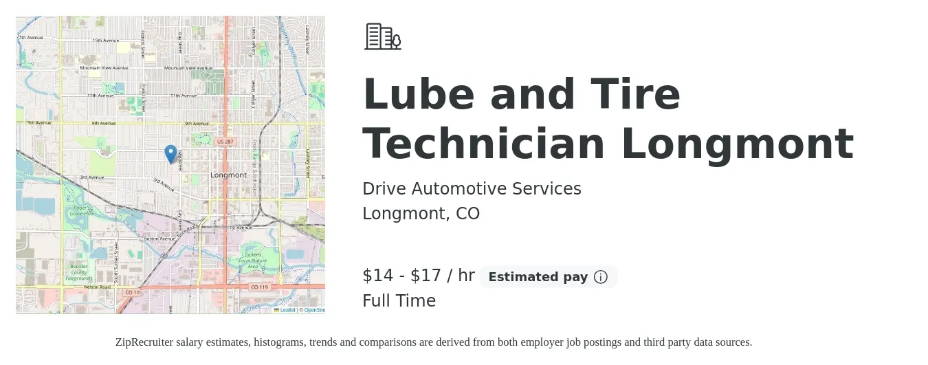 Drive Automotive Services job posting for a Lube and Tire Technician Longmont in Longmont, CO with a salary of $15 to $18 Hourly with a map of Longmont location.