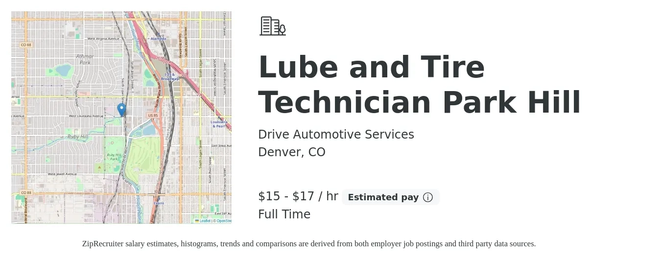 Drive Automotive Services job posting for a Lube and Tire Technician Park Hill in Denver, CO with a salary of $16 to $18 Hourly with a map of Denver location.