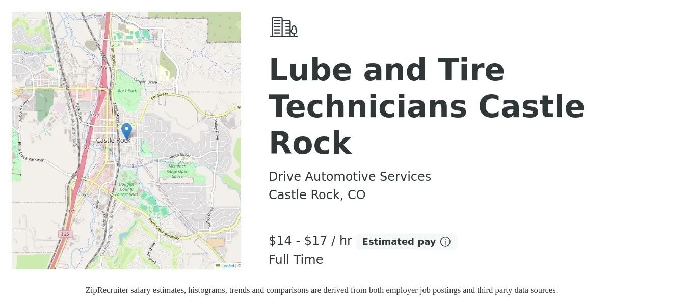 Drive Automotive Services job posting for a Lube and Tire Technicians Castle Rock in Castle Rock, CO with a salary of $15 to $18 Hourly with a map of Castle Rock location.