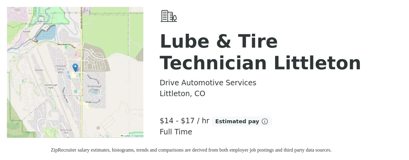 Drive Automotive Services job posting for a Lube & Tire Technician Littleton in Littleton, CO with a salary of $15 to $18 Hourly with a map of Littleton location.