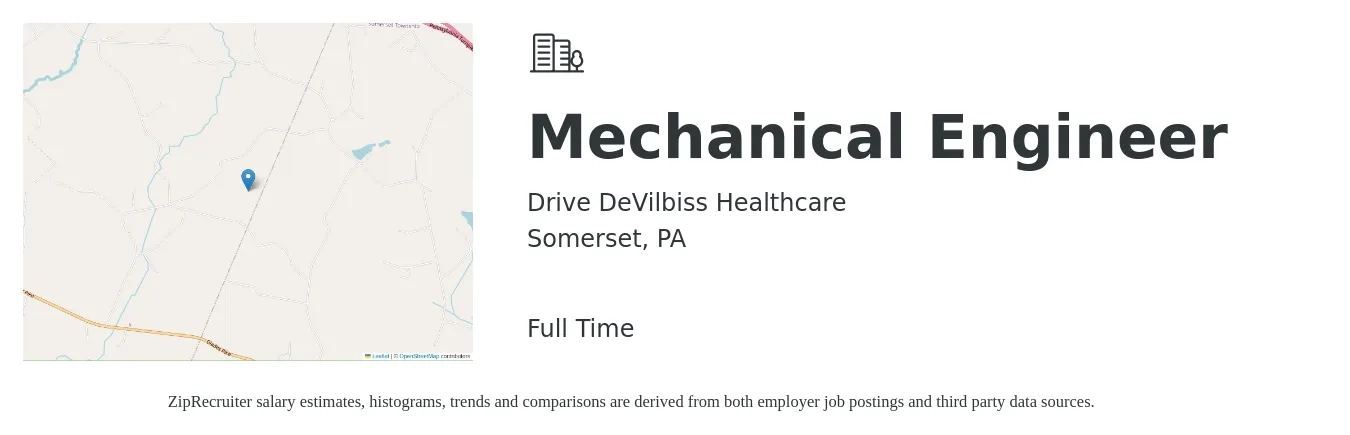 Drive DeVilbiss Healthcare job posting for a Mechanical Engineer in Somerset, PA with a salary of $68,200 to $105,900 Yearly with a map of Somerset location.