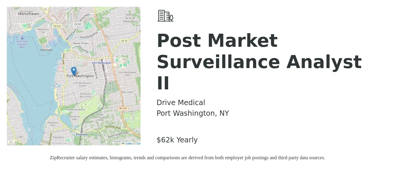 Drive Medical job posting for a Post Market Surveillance Analyst II in Port Washington, NY with a salary of $62,800 to $75,000 Yearly with a map of Port Washington location.
