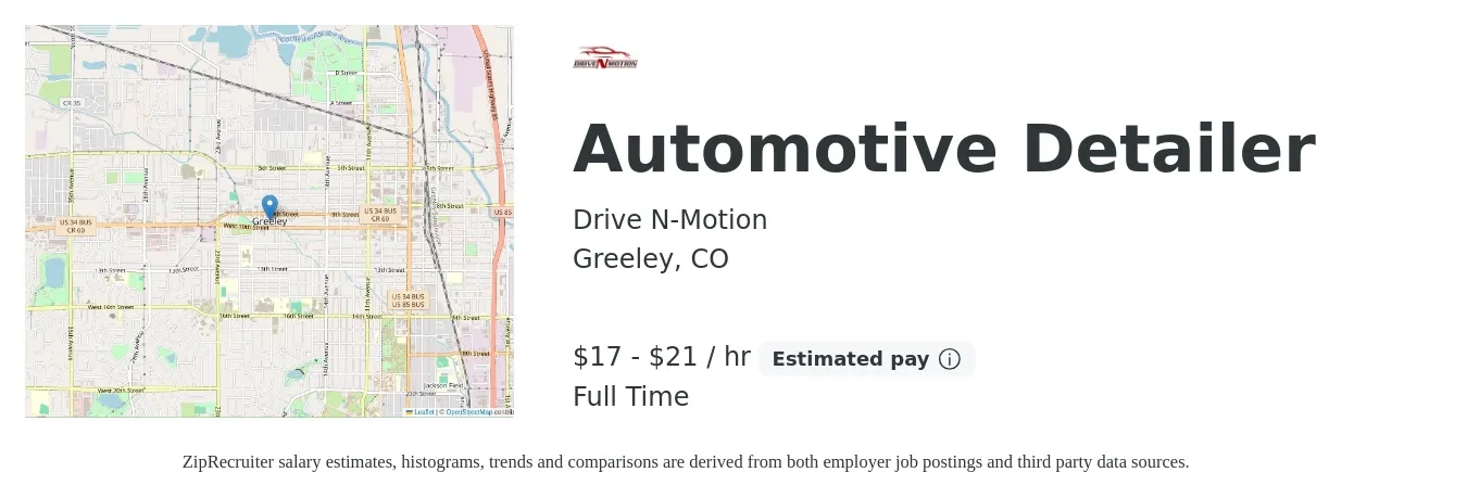 Drive N-Motion job posting for a Automotive Detailer in Greeley, CO with a salary of $18 to $22 Hourly with a map of Greeley location.