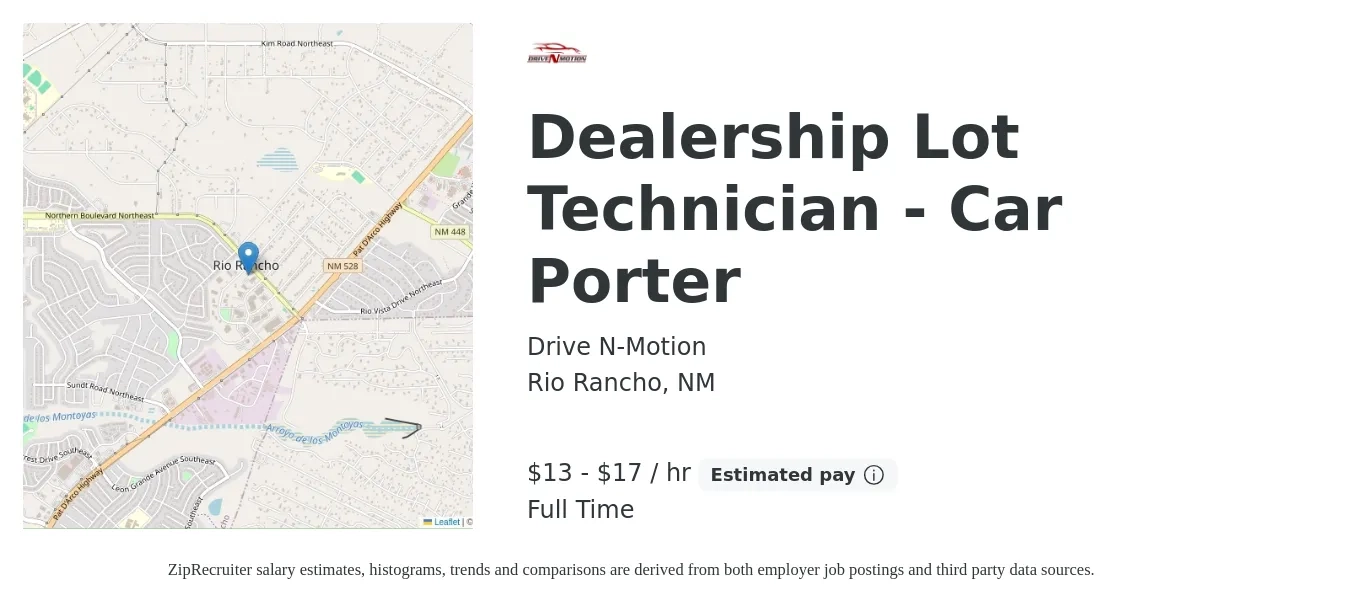 Drive N-Motion job posting for a Dealership Lot Technician - Car Porter in Rio Rancho, NM with a salary of $14 to $18 Hourly with a map of Rio Rancho location.