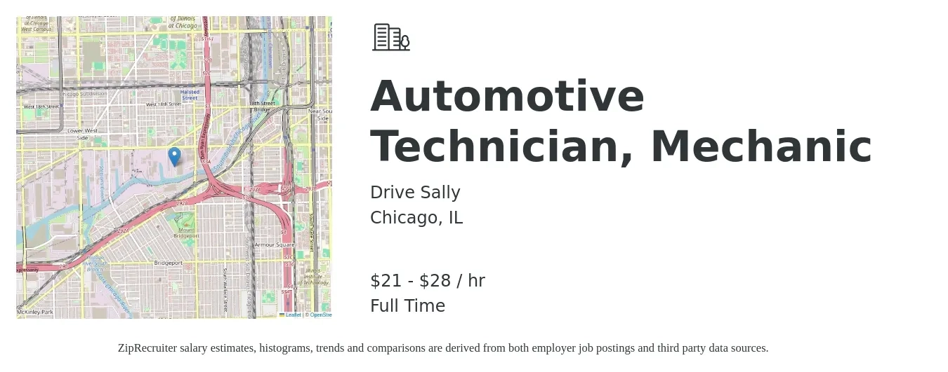 Drive Sally job posting for a Automotive Technician, Mechanic in Chicago, IL with a salary of $22 to $30 Hourly with a map of Chicago location.