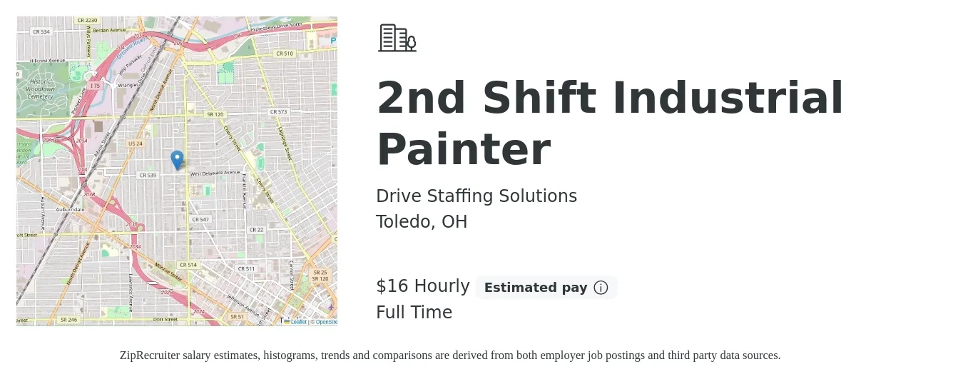 Drive Staffing Solutions job posting for a 2nd Shift Industrial Painter in Toledo, OH with a salary of $17 Hourly with a map of Toledo location.