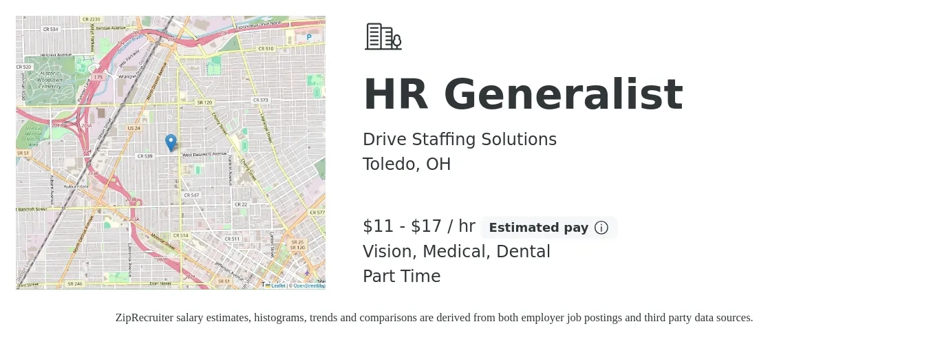 Drive Staffing Solutions job posting for a HR Generalist in Toledo, OH with a salary of $12 to $18 Hourly and benefits including retirement, vision, dental, and medical with a map of Toledo location.