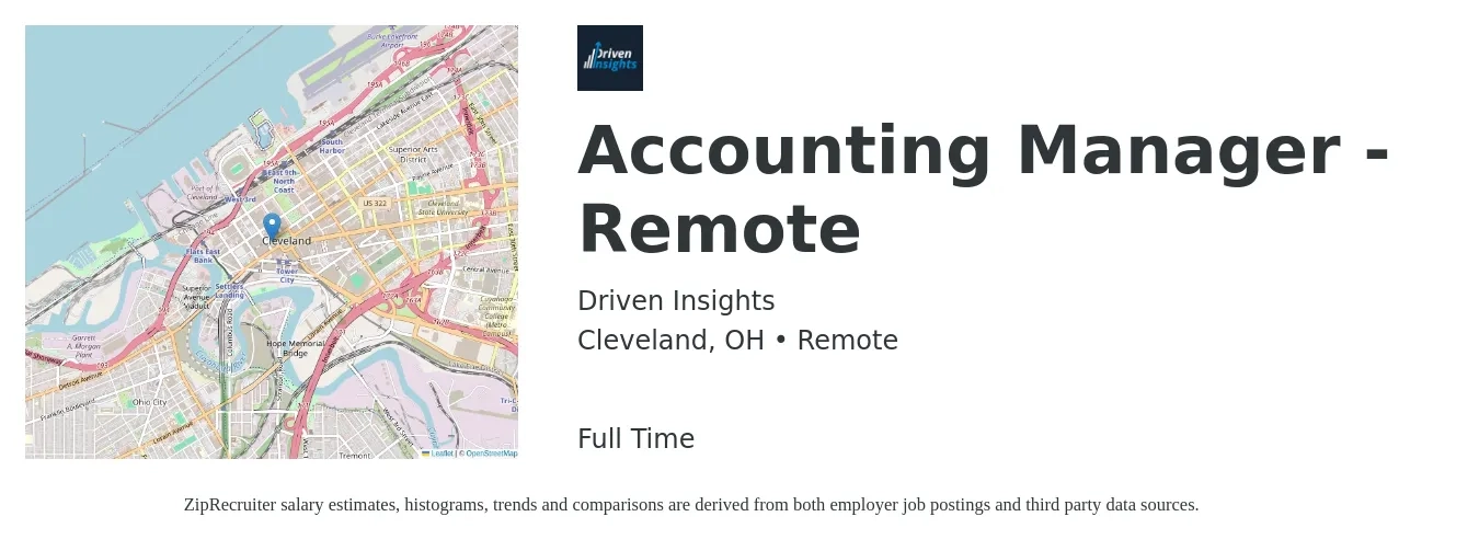 Driven Insights job posting for a Accounting Manager - Remote in Cleveland, OH with a salary of $75,600 to $108,600 Yearly with a map of Cleveland location.