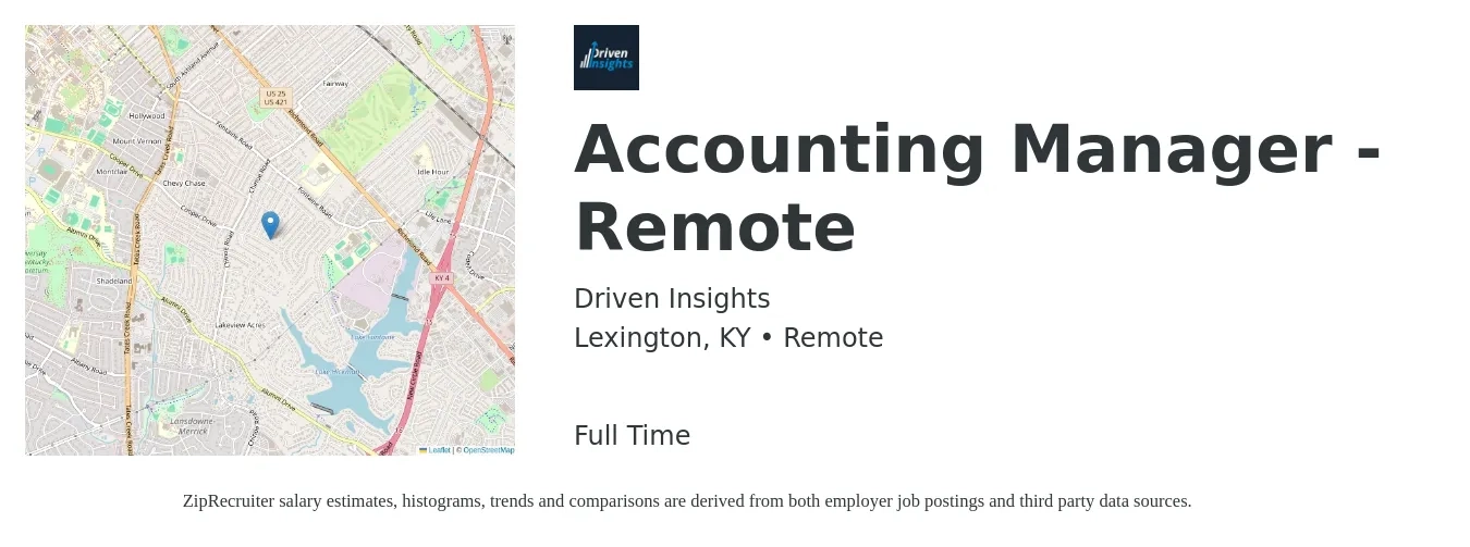 Driven Insights job posting for a Accounting Manager - Remote in Lexington, KY with a salary of $77,500 to $111,300 Yearly with a map of Lexington location.