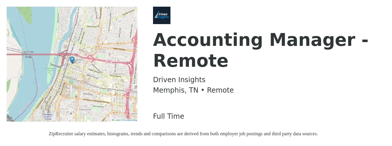 Driven Insights job posting for a Accounting Manager - Remote in Memphis, TN with a salary of $75,800 to $108,800 Yearly with a map of Memphis location.