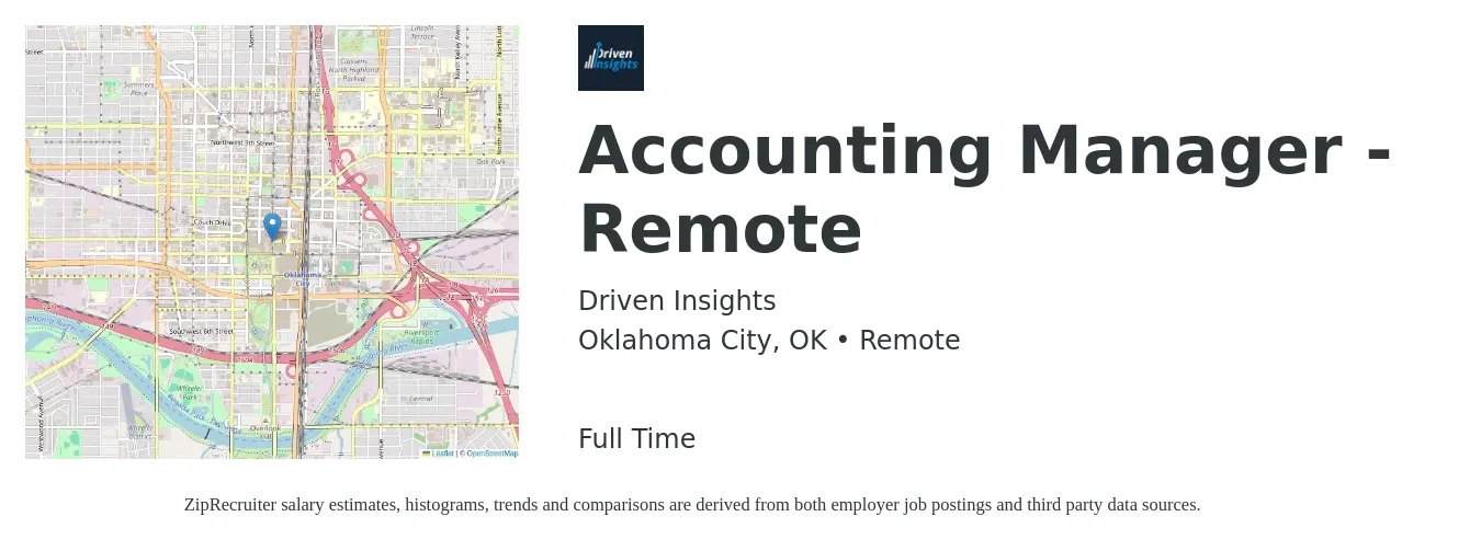 Driven Insights job posting for a Accounting Manager - Remote in Oklahoma City, OK with a salary of $72,500 to $104,000 Yearly with a map of Oklahoma City location.