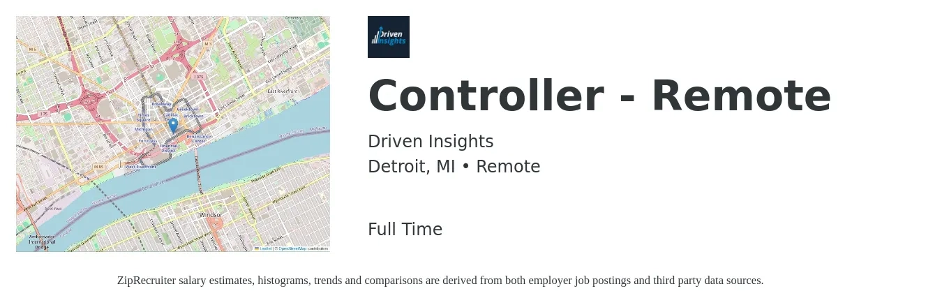 Driven Insights job posting for a Controller - Remote in Detroit, MI with a salary of $96,000 to $137,100 Yearly with a map of Detroit location.