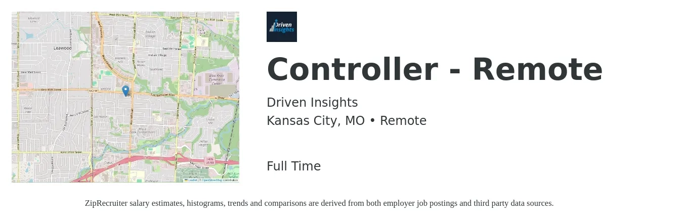Driven Insights job posting for a Controller - Remote in Kansas City, MO with a salary of $94,700 to $135,200 Yearly with a map of Kansas City location.