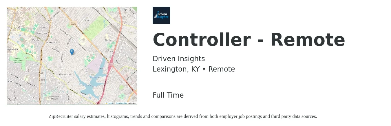 Driven Insights job posting for a Controller - Remote in Lexington, KY with a salary of $96,400 to $137,700 Yearly with a map of Lexington location.