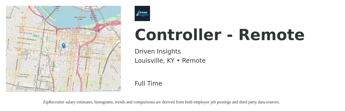 Driven Insights job posting for a Controller - Remote in Louisville, KY with a salary of $93,200 to $133,100 Yearly with a map of Louisville location.