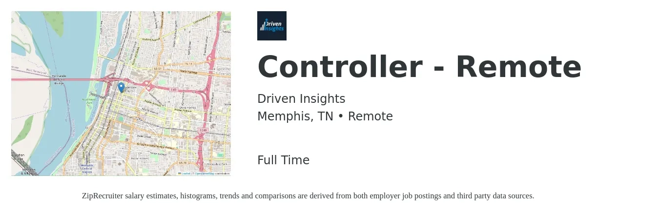 Driven Insights job posting for a Controller - Remote in Memphis, TN with a salary of $94,200 to $134,500 Yearly with a map of Memphis location.