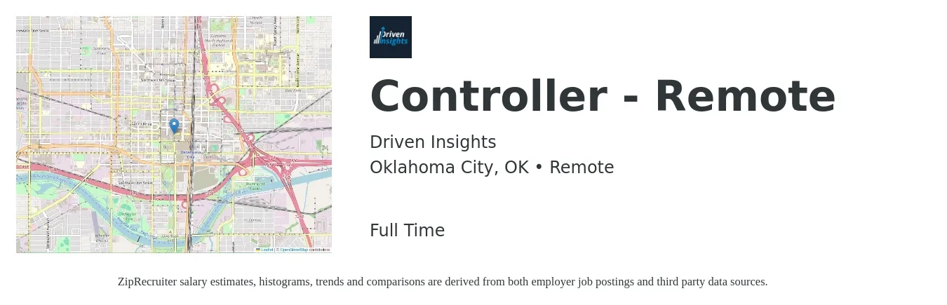 Driven Insights job posting for a Controller - Remote in Oklahoma City, OK with a salary of $90,100 to $128,700 Yearly with a map of Oklahoma City location.