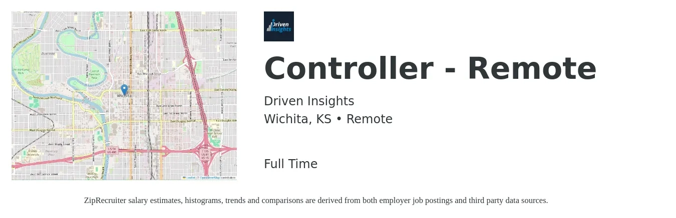 Driven Insights job posting for a Controller - Remote in Wichita, KS with a salary of $86,800 to $123,900 Yearly with a map of Wichita location.