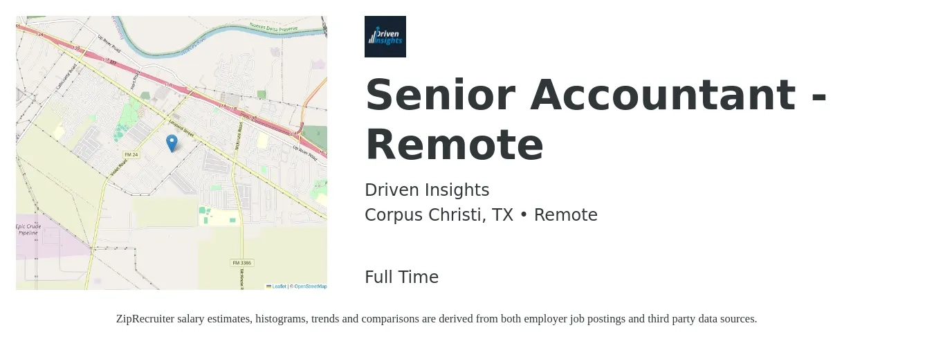 Driven Insights job posting for a Senior Accountant - Remote in Corpus Christi, TX with a salary of $71,500 to $89,800 Yearly with a map of Corpus Christi location.