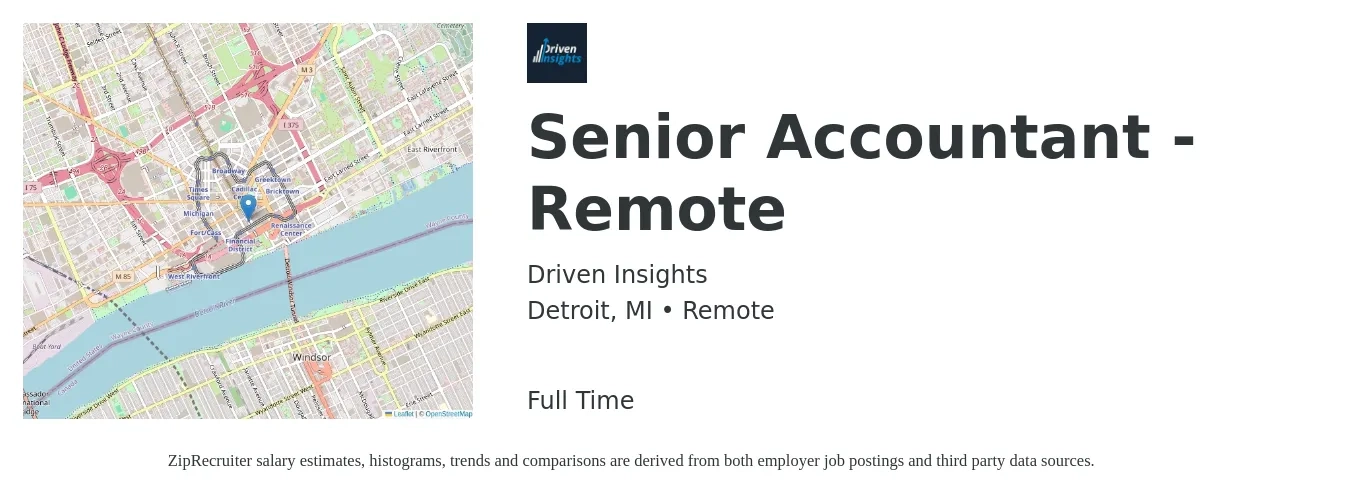 Driven Insights job posting for a Senior Accountant - Remote in Detroit, MI with a salary of $73,300 to $92,100 Yearly with a map of Detroit location.