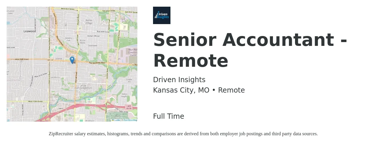Driven Insights job posting for a Senior Accountant - Remote in Kansas City, MO with a salary of $72,200 to $90,800 Yearly with a map of Kansas City location.