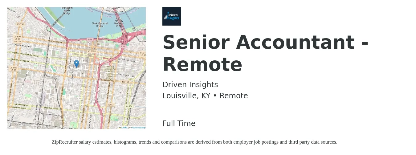 Driven Insights job posting for a Senior Accountant - Remote in Louisville, KY with a salary of $71,100 to $89,400 Yearly with a map of Louisville location.