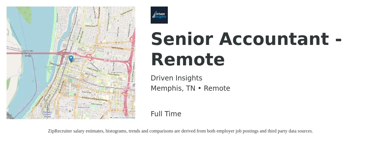Driven Insights job posting for a Senior Accountant - Remote in Memphis, TN with a salary of $71,900 to $90,300 Yearly with a map of Memphis location.