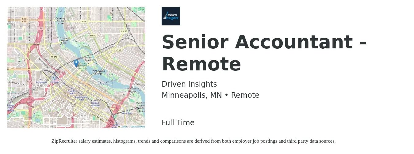 Driven Insights job posting for a Senior Accountant - Remote in Minneapolis, MN with a salary of $77,200 to $97,100 Yearly with a map of Minneapolis location.