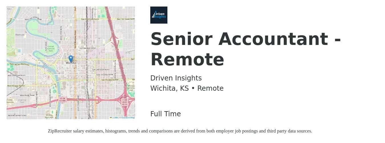 Driven Insights job posting for a Senior Accountant - Remote in Wichita, KS with a salary of $66,200 to $83,200 Yearly with a map of Wichita location.