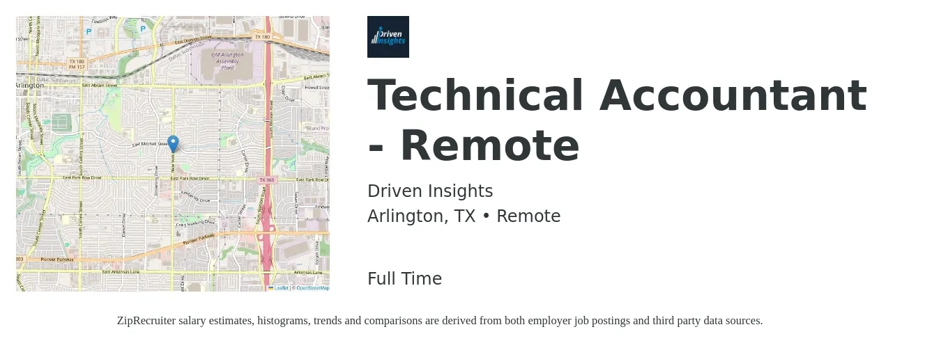 Driven Insights job posting for a Technical Accountant - Remote in Arlington, TX with a salary of $48,100 to $70,600 Yearly with a map of Arlington location.