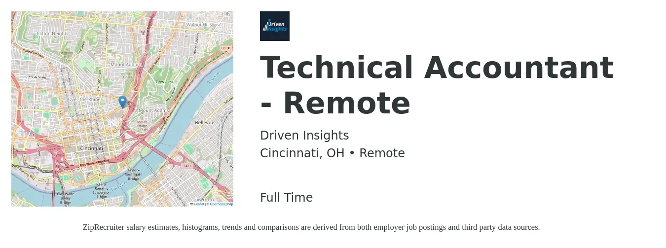 Driven Insights job posting for a Technical Accountant - Remote in Cincinnati, OH with a salary of $51,300 to $75,300 Yearly with a map of Cincinnati location.