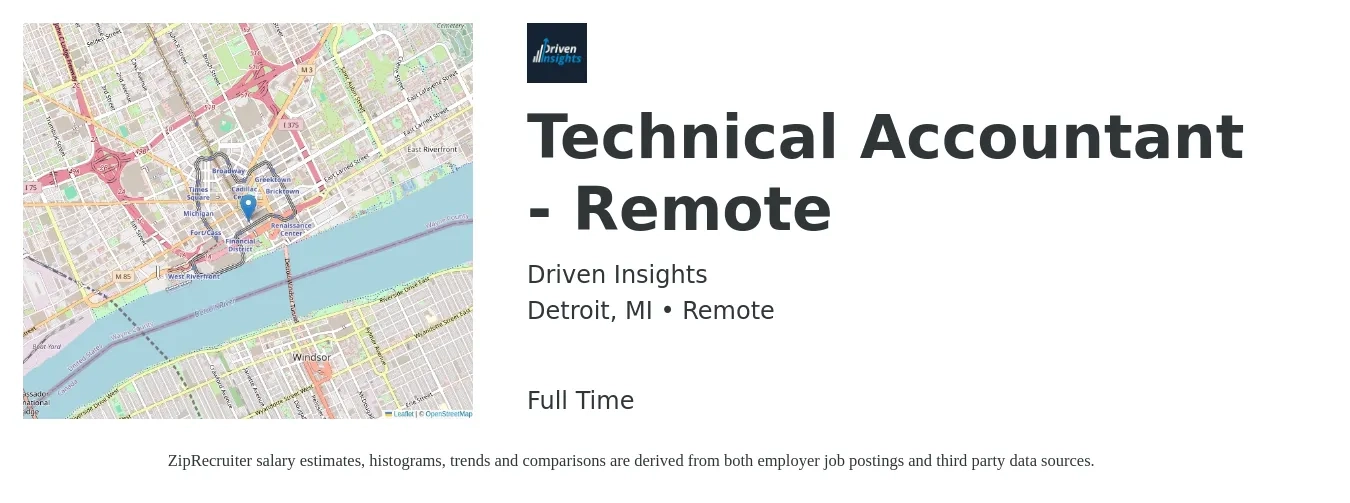 Driven Insights job posting for a Technical Accountant - Remote in Detroit, MI with a salary of $53,000 to $77,700 Yearly with a map of Detroit location.