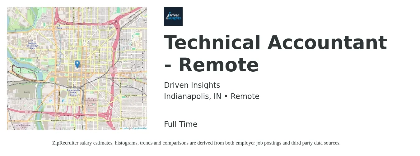 Driven Insights job posting for a Technical Accountant - Remote in Indianapolis, IN with a salary of $51,100 to $75,000 Yearly with a map of Indianapolis location.