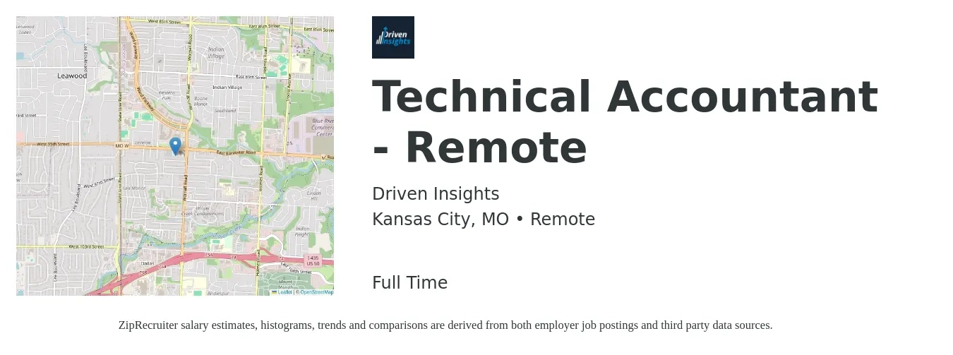 Driven Insights job posting for a Technical Accountant - Remote in Kansas City, MO with a salary of $52,200 to $76,600 Yearly with a map of Kansas City location.