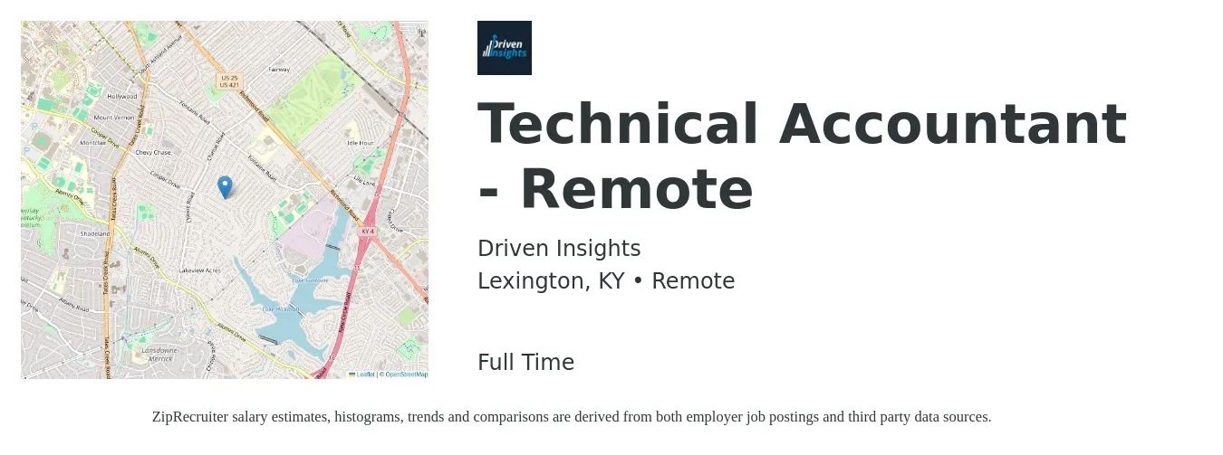 Driven Insights job posting for a Technical Accountant - Remote in Lexington, KY with a salary of $53,200 to $78,000 Yearly with a map of Lexington location.