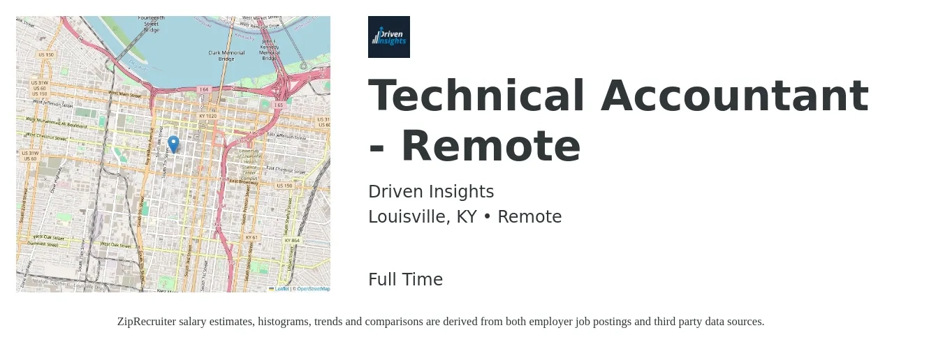 Driven Insights job posting for a Technical Accountant - Remote in Louisville, KY with a salary of $51,400 to $75,400 Yearly with a map of Louisville location.