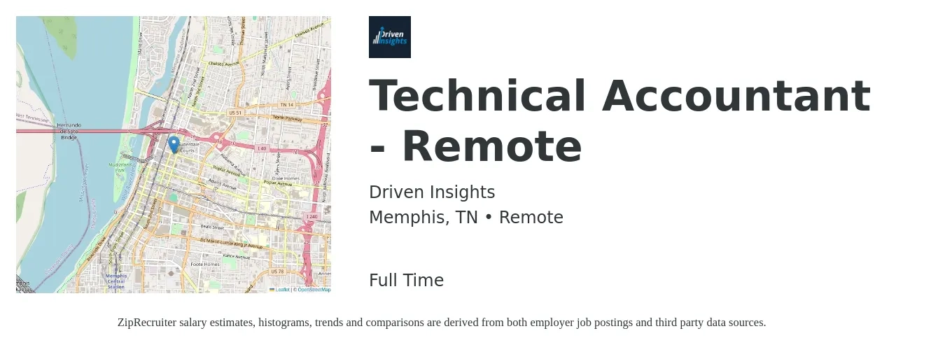 Driven Insights job posting for a Technical Accountant - Remote in Memphis, TN with a salary of $52,000 to $76,300 Yearly with a map of Memphis location.