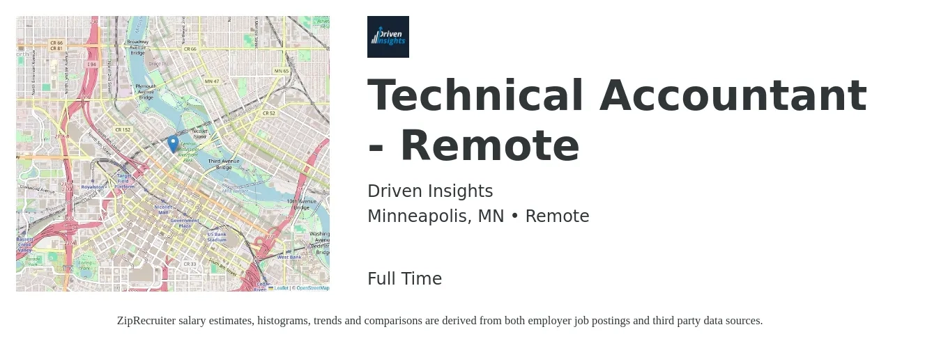 Driven Insights job posting for a Technical Accountant - Remote in Minneapolis, MN with a salary of $55,800 to $81,900 Yearly with a map of Minneapolis location.