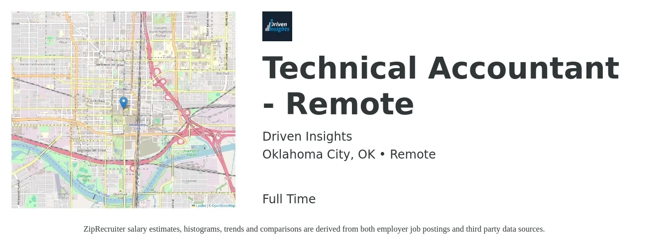 Driven Insights job posting for a Technical Accountant - Remote in Oklahoma City, OK with a salary of $49,700 to $72,900 Yearly with a map of Oklahoma City location.
